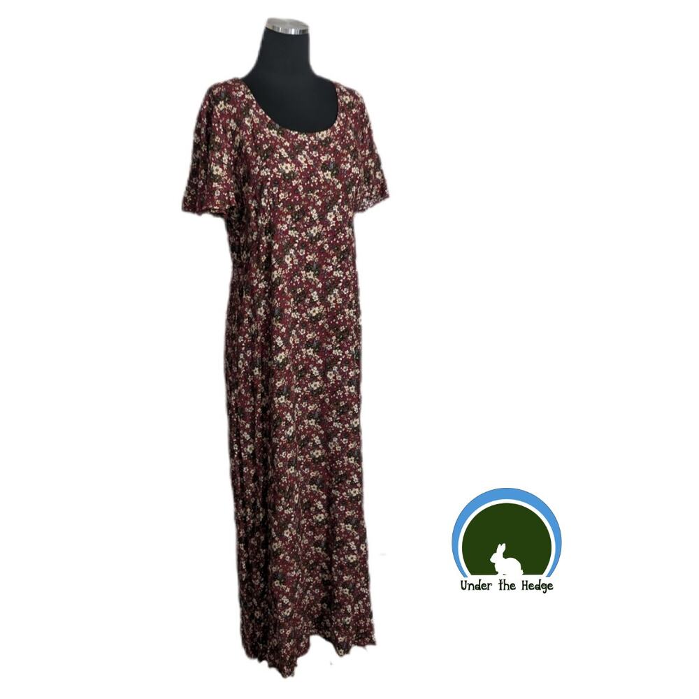 Vtg 90s All That Jazz Maroon Floral Flutter Sleeve Long Dress M/L Romantic